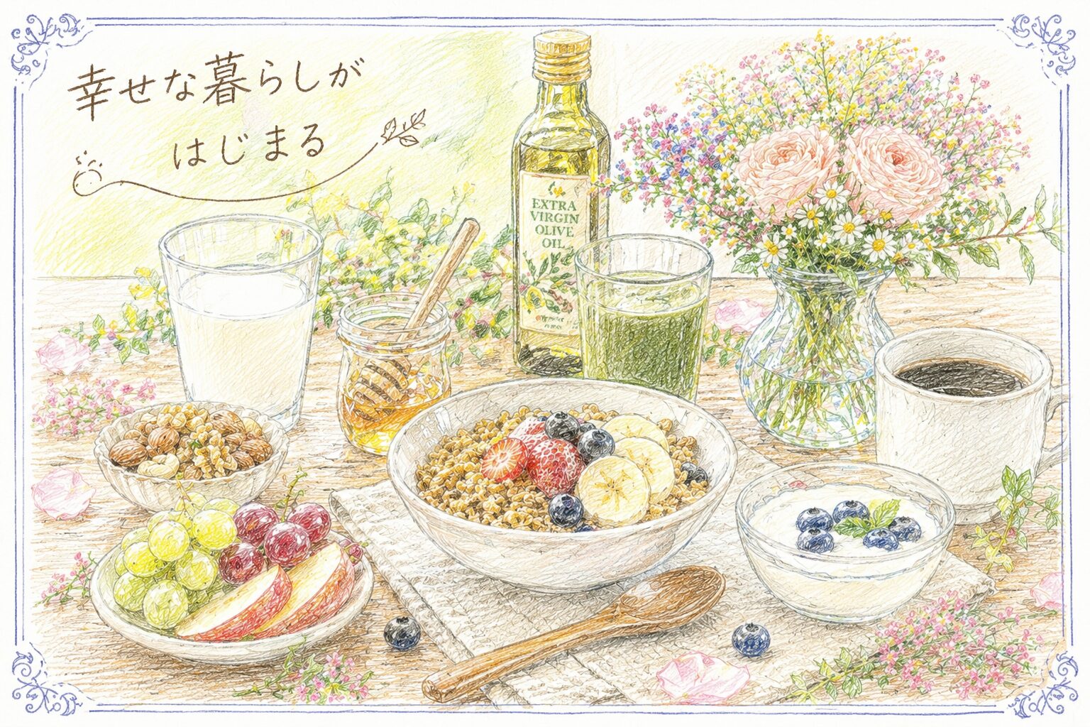 幸せな暮らしがはじまる｜健康的な食材が並ぶ食卓イメージ